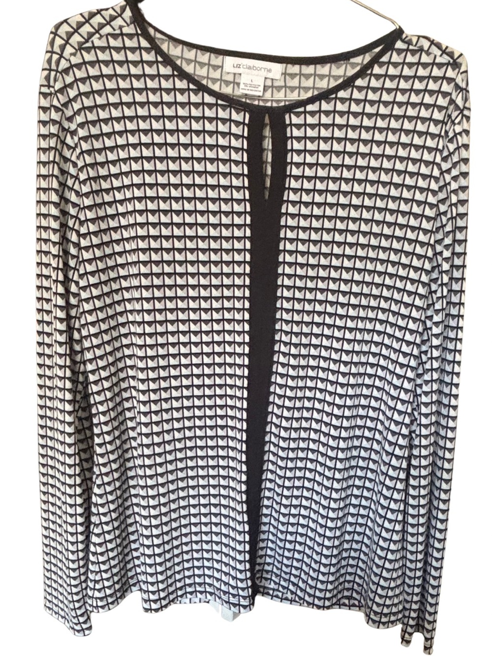 Liz Claiborne Black/White and Turquoise geometric Chevron Keyhole Long Sleeve To